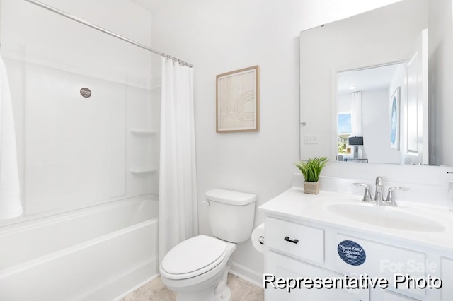 bathroom with toilet, shower / bathtub combination with curtain, and vanity