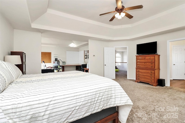 bedroom featuring a tray ceiling and light carpet