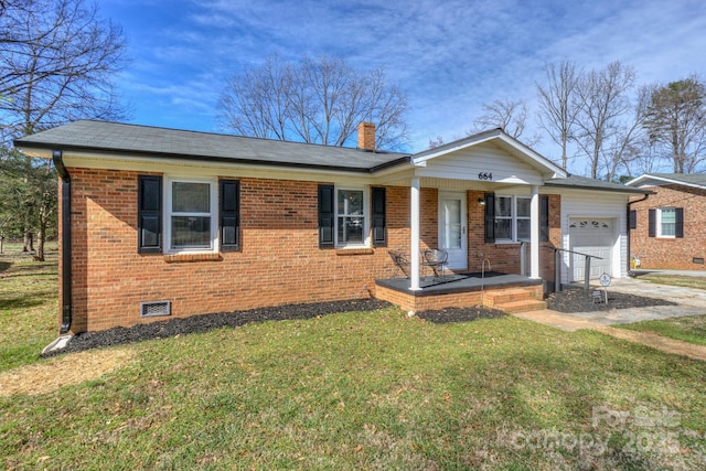 ranch-style home with brick siding, a chimney, crawl space, a garage, and a front lawn