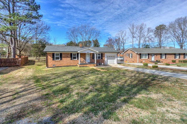 single story home with concrete driveway, crawl space, fence, a front lawn, and brick siding