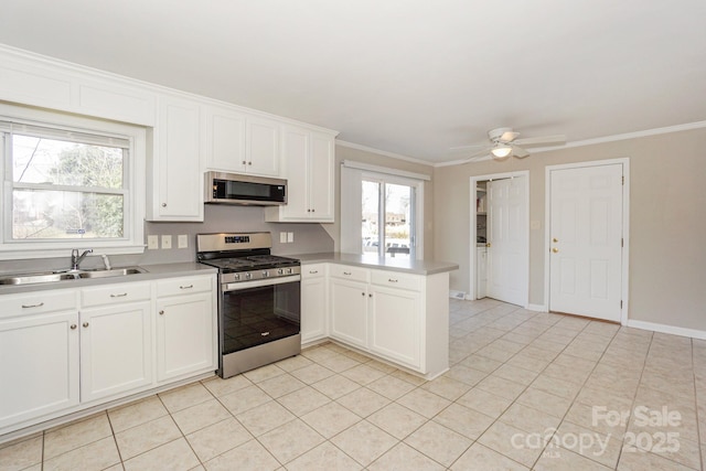 kitchen with appliances with stainless steel finishes, crown molding, a sink, and a peninsula