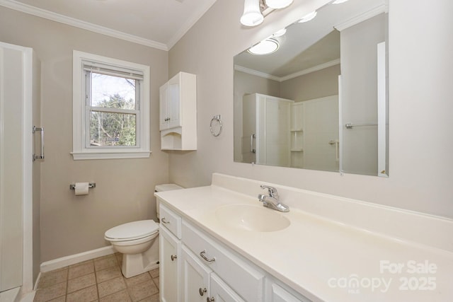 bathroom featuring baseboards, toilet, walk in shower, crown molding, and vanity