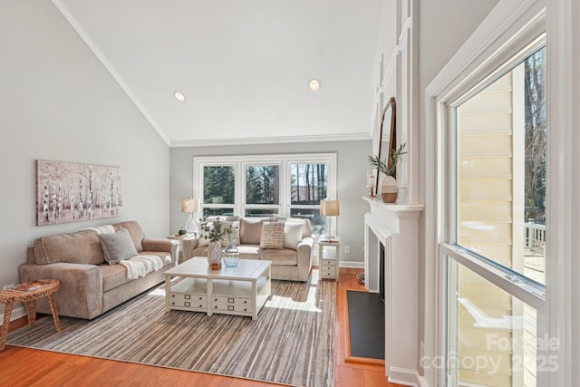 living room with a fireplace, ornamental molding, vaulted ceiling, and wood finished floors