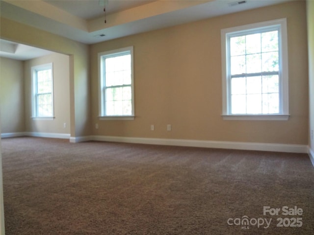 unfurnished room with carpet, a raised ceiling, and baseboards