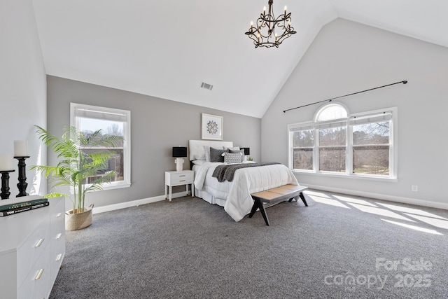 bedroom featuring high vaulted ceiling, visible vents, carpet flooring, and multiple windows