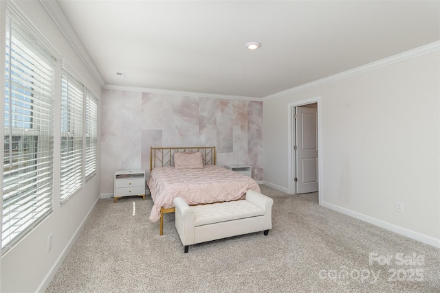 bedroom featuring baseboards, crown molding, and light colored carpet