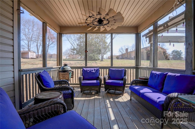 sunroom with wooden ceiling