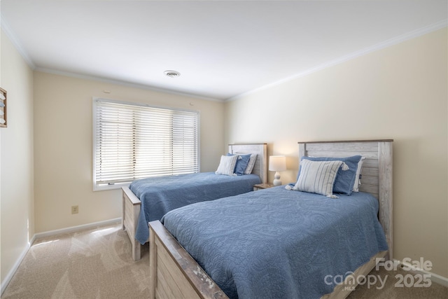 bedroom with crown molding, baseboards, visible vents, and light colored carpet