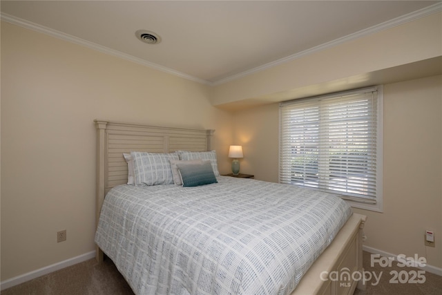 bedroom featuring carpet flooring, visible vents, crown molding, and baseboards