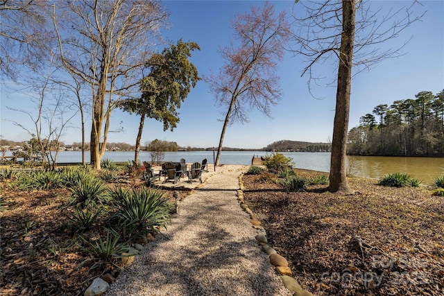 exterior space with a water view