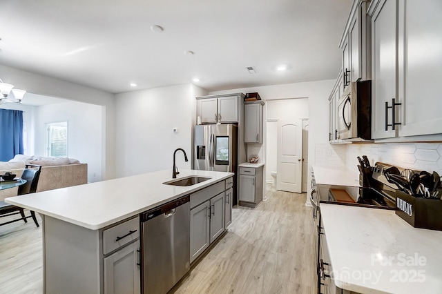 kitchen featuring light wood-style flooring, gray cabinetry, stainless steel appliances, a sink, and a center island with sink