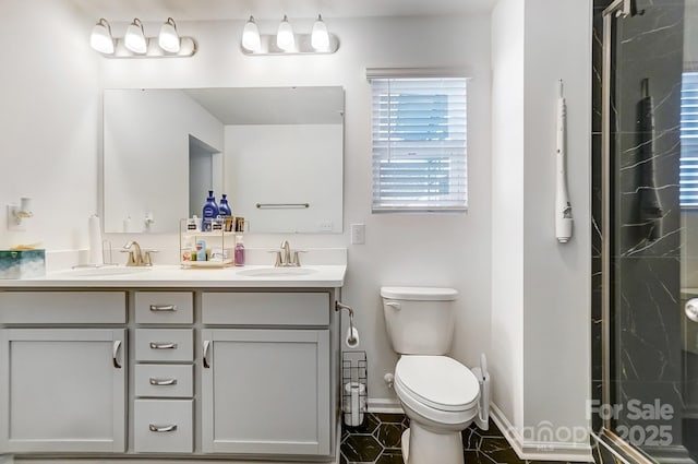 full bathroom with toilet, a stall shower, double vanity, and a sink