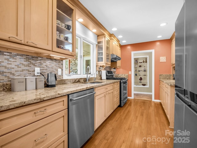 kitchen with light brown cabinets, light wood-style flooring, under cabinet range hood, a sink, and appliances with stainless steel finishes