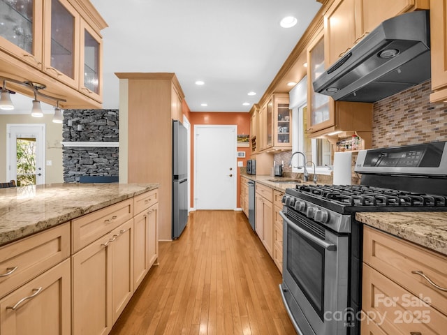 kitchen featuring stainless steel appliances, tasteful backsplash, a sink, light wood-type flooring, and under cabinet range hood