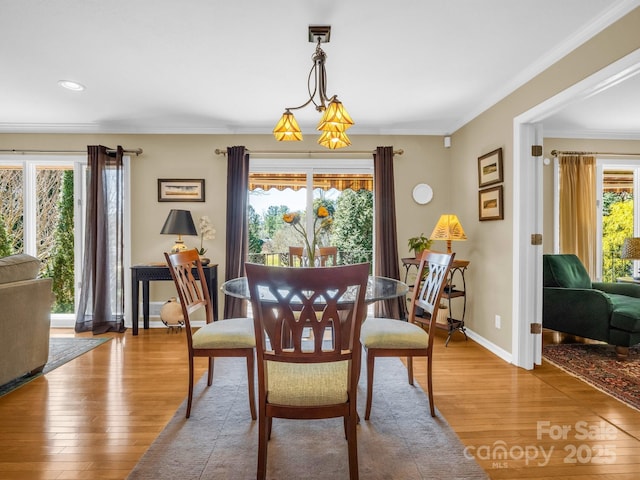 dining room featuring crown molding, baseboards, and wood finished floors