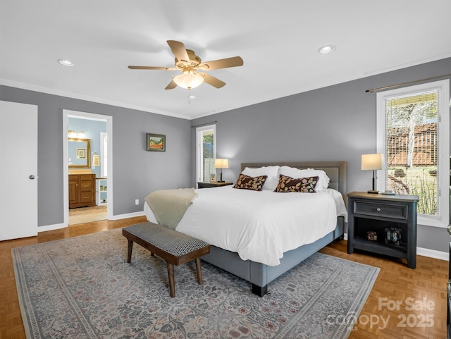 bedroom with baseboards, connected bathroom, a ceiling fan, ornamental molding, and recessed lighting