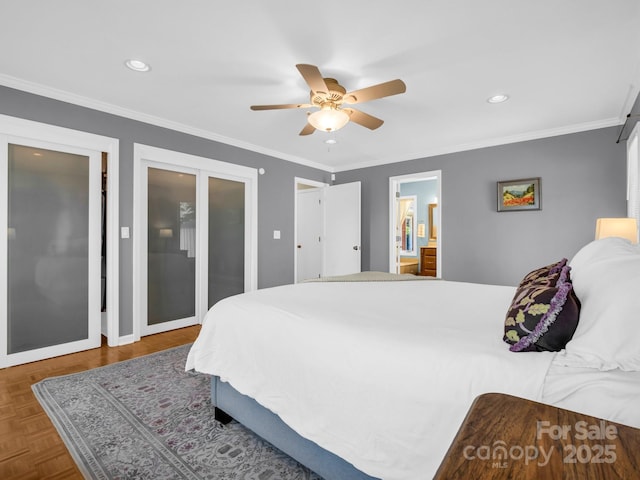 bedroom with recessed lighting and crown molding