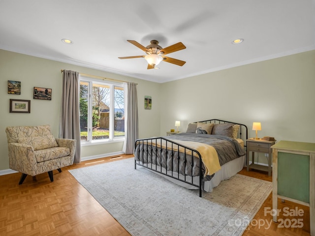 bedroom with a ceiling fan, baseboards, crown molding, and recessed lighting