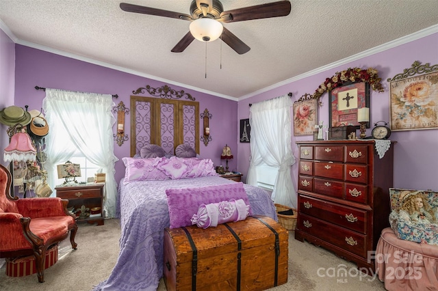 bedroom with carpet floors, lofted ceiling, ornamental molding, and a textured ceiling