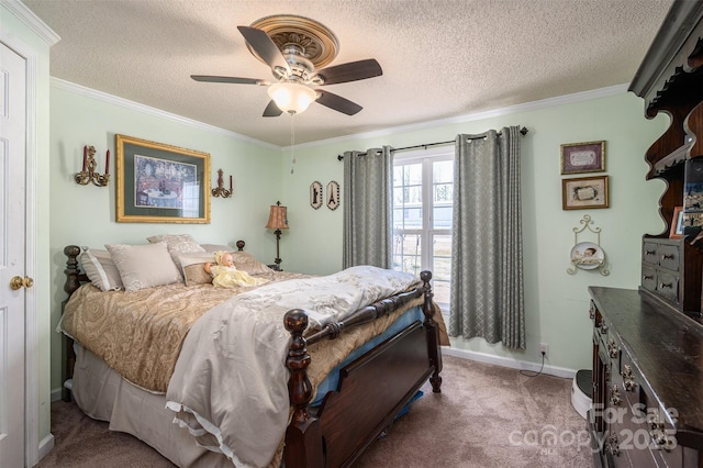 carpeted bedroom featuring a textured ceiling, a ceiling fan, and crown molding