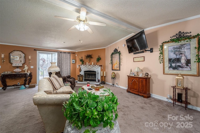 living area featuring a textured ceiling, ceiling fan, carpet floors, a glass covered fireplace, and crown molding