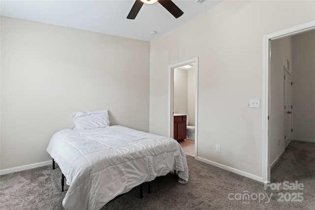 bedroom featuring ensuite bath, carpet flooring, a ceiling fan, and baseboards