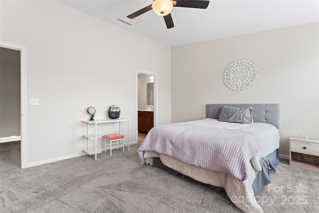 carpeted bedroom with baseboards, visible vents, and ceiling fan