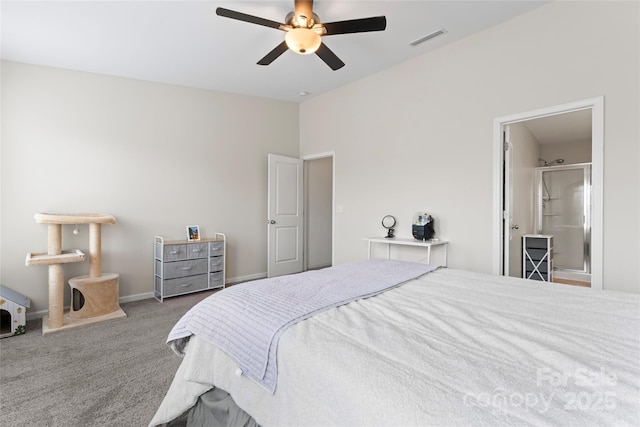 bedroom with visible vents, baseboards, vaulted ceiling, carpet flooring, and a ceiling fan