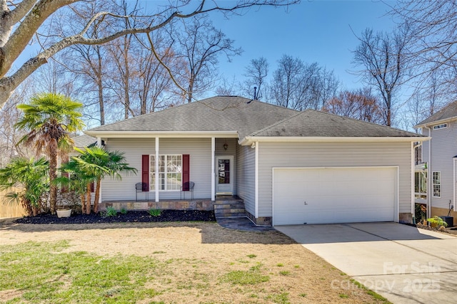 ranch-style house featuring an attached garage, covered porch, driveway, roof with shingles, and a front lawn