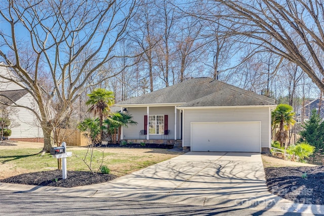 ranch-style house featuring a garage, driveway, roof with shingles, and a front yard