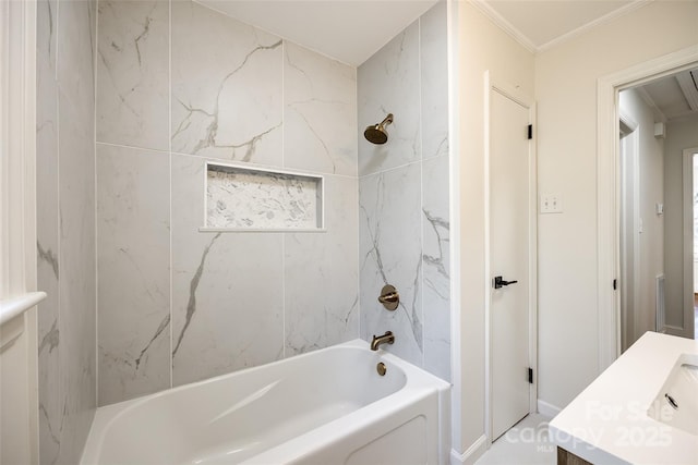 full bath with  shower combination, ornamental molding, and vanity