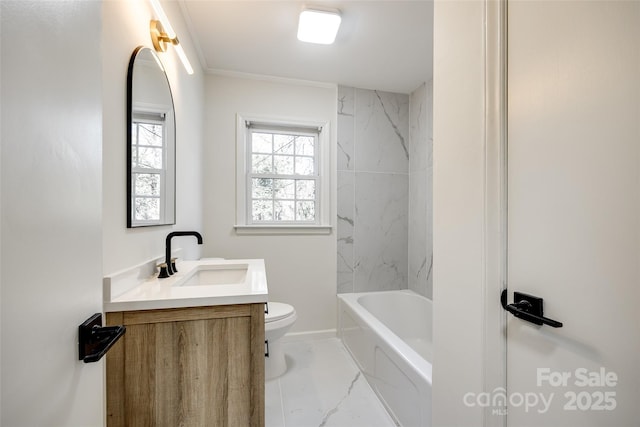 bathroom with shower / bath combination, toilet, marble finish floor, crown molding, and vanity