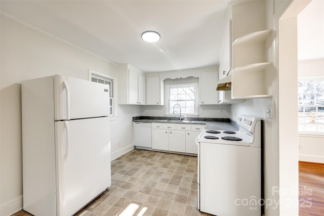 kitchen with white appliances, dark countertops, under cabinet range hood, white cabinetry, and open shelves