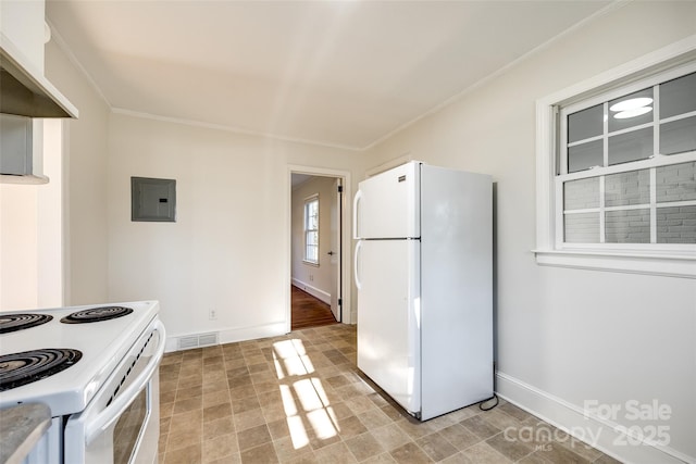 kitchen featuring white appliances, visible vents, baseboards, white cabinets, and electric panel