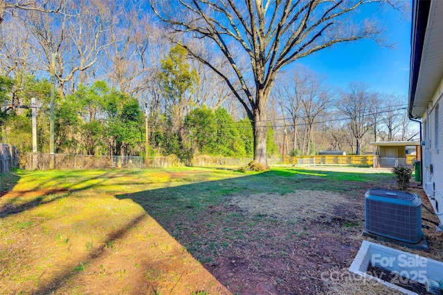 view of yard with a fenced backyard and central AC