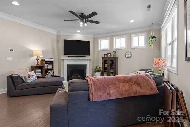 living room featuring visible vents, a glass covered fireplace, ceiling fan, wood finished floors, and crown molding