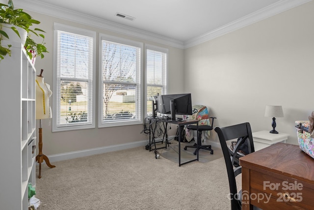 carpeted office space with ornamental molding, visible vents, and baseboards