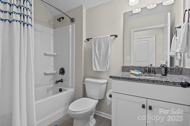 full bath with visible vents, toilet, shower / tub combo with curtain, tile patterned flooring, and vanity