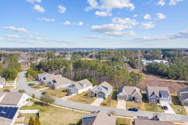 bird's eye view featuring a wooded view and a residential view