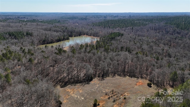 drone / aerial view featuring a water view and a view of trees