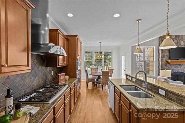 kitchen with a sink, appliances with stainless steel finishes, ventilation hood, light wood-type flooring, and crown molding