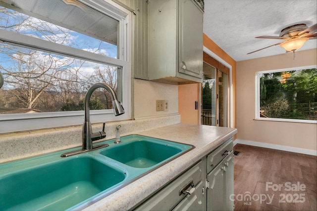 kitchen with gray cabinetry, wood finished floors, baseboards, and a sink