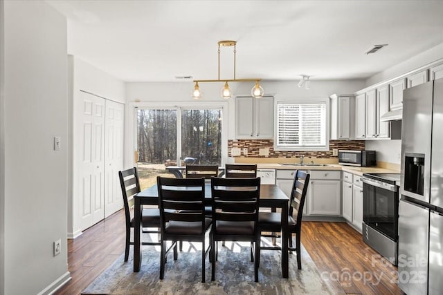 interior space with baseboards, visible vents, and dark wood-type flooring