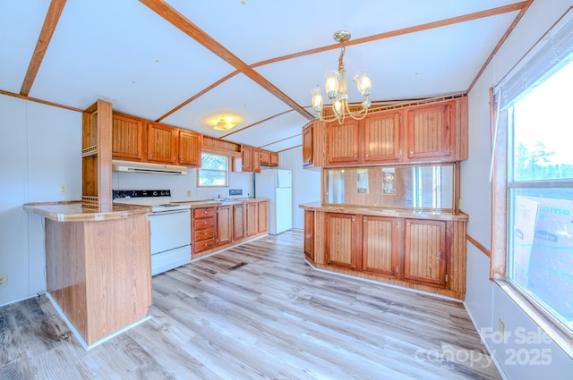 kitchen with extractor fan, white appliances, light wood-style floors, brown cabinets, and decorative light fixtures