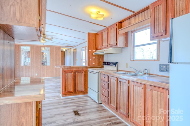 kitchen with white appliances, light countertops, light wood-type flooring, under cabinet range hood, and a sink