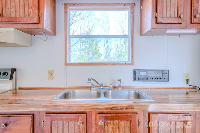 kitchen with brown cabinetry, butcher block counters, and a sink