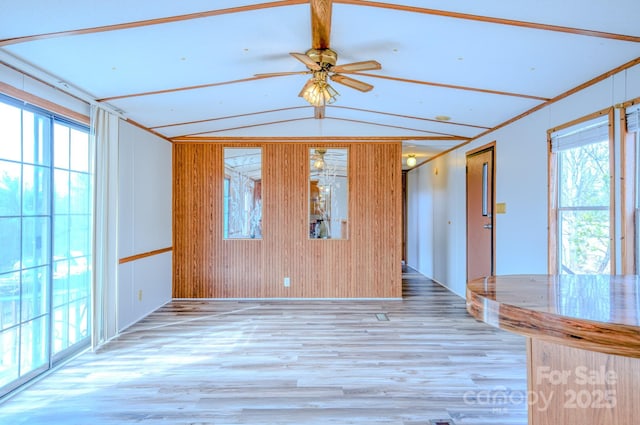 spare room featuring a ceiling fan, lofted ceiling, and wood finished floors