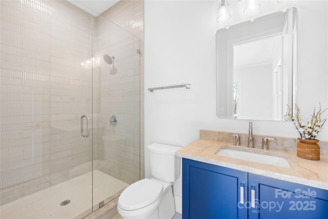 bathroom with a shower stall, toilet, and vanity