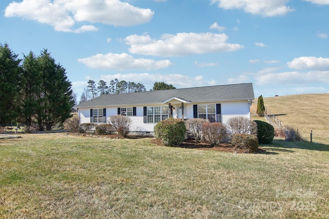 single story home with crawl space and a front yard