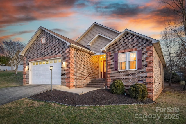 view of front of property with a garage, brick siding, and concrete driveway